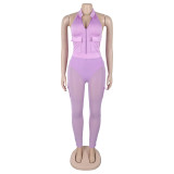 Summer Deep V-Neck Sleeveless Tight-Fitting Bodysuit Pocket Mesh Pants Set