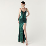 Women Sequin Sexy V-neck Cross Lace-Up Fishtail Formal Party Evening Dress