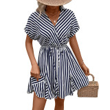 summer Turndown Collar Striped Slim Waist shirt dress