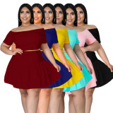Plus Size Women Sexy Solid Short Sleeve Top and Pleated Skirt Two-piece Set