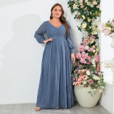 Plus Size Women Long Sleeve Double V-Neck Pleated Evening Dress