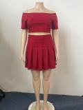 Plus Size Women Sexy Solid Short Sleeve Top and Pleated Skirt Two-piece Set