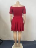 Plus Size Women Sexy Solid Short Sleeve Top and Pleated Skirt Two-piece Set