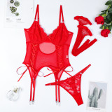 Women Lace Patchwork Lace-Up Bowknot Mesh See-Through Suspender Stockings Sexy Lingerie Two-piece Set