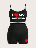 Summer trendy women's Printed Strap two piece shorts set