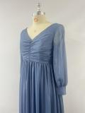 Plus Size Women Long Sleeve Double V-Neck Pleated Evening Dress