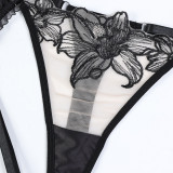 Women Embroidered Flower Satin Sexy Lingerie Two-piece Set