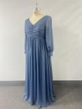 Plus Size Women Long Sleeve Double V-Neck Pleated Evening Dress