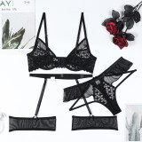 Women Hollow Mesh Wave Ruffle Edge See-Through Sexy Lingerie Set