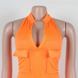 Summer Deep V-Neck Sleeveless Tight-Fitting Bodysuit Pocket Mesh Pants Set