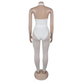 Summer Deep V-Neck Sleeveless Tight-Fitting Bodysuit Pocket Mesh Pants Set