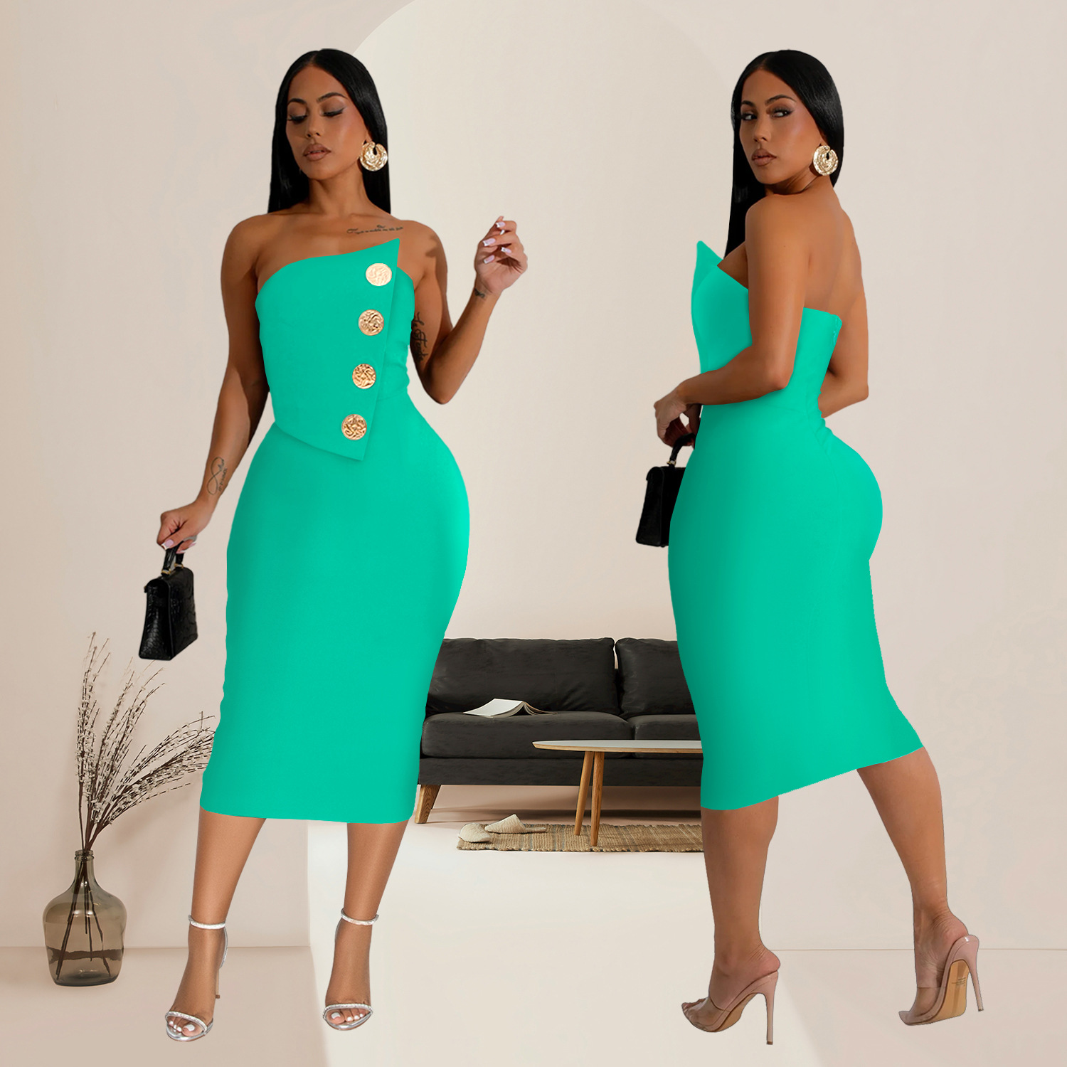 Fashion women's sexy Strapless button decoration dress