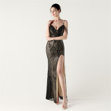 Women Beaded Sequin V Neck strap backless Formal Party fishtail evening dress
