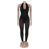 Summer Deep V-Neck Sleeveless Tight-Fitting Bodysuit Pocket Mesh Pants Set