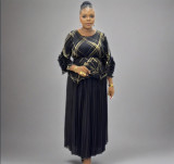 Plus Size Women Pleated Hand-Shaped Flower Irregular Shiny Print Maxi Dress