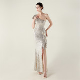 Women one-shoulder ruffled dangling beaded chain sequined Formal Party evening dress