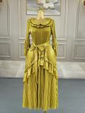 Plus Size Women Bell Bottom Sleeve Elegant Shiny Pleated Dress