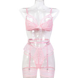 Women Hollow Mesh Wave Ruffle Edge See-Through Sexy Lingerie Set