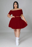 Plus Size Women Sexy Solid Short Sleeve Top and Pleated Skirt Two-piece Set