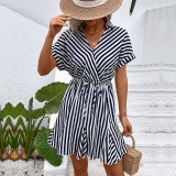 summer Turndown Collar Striped Slim Waist shirt dress