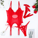 Women Lace Patchwork Lace-Up Bowknot Mesh See-Through Suspender Stockings Sexy Lingerie Two-piece Set