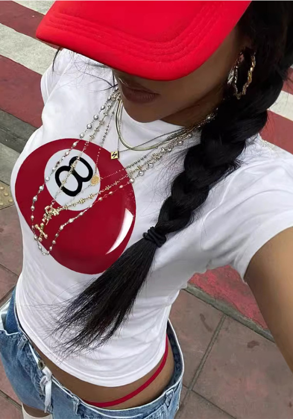 Fashionable ladies Round Neck Casual 8-ball print short-sleeved Cropped Top T-shirt summer top