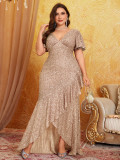 Women Sequin Short Sleeve V Neck Evening Sexy Dress