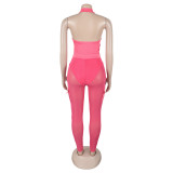 Summer Deep V-Neck Sleeveless Tight-Fitting Bodysuit Pocket Mesh Pants Set