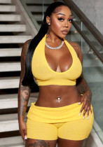 Women's Spring and Summer Ribbed Halter Neck Hollow Lace-up Vest Folded High Waist Short Set Women's Spring and Summer Ribbed Halter Neck Hollow Lace-up Vest Folded High Waist Short Set