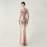 Women dangling beaded chain embroidered sequined V Neck Backless Formal Party evening dress