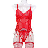 Women Lace Patchwork Lace-Up Bowknot Mesh See-Through Suspender Stockings Sexy Lingerie Two-piece Set