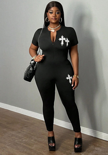 Summer fashion printed short sleeve women's jumpsuit