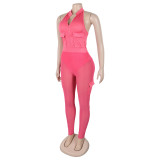 Summer Deep V-Neck Sleeveless Tight-Fitting Bodysuit Pocket Mesh Pants Set
