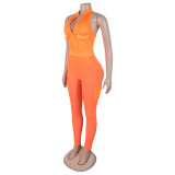 Summer Deep V-Neck Sleeveless Tight-Fitting Bodysuit Pocket Mesh Pants Set