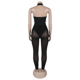 Summer Deep V-Neck Sleeveless Tight-Fitting Bodysuit Pocket Mesh Pants Set