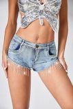 Women Rhinestone Tassel Sexy Ripped Denim Shorts