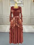 Plus Size Women Bell Bottom Sleeve Elegant Shiny Pleated Dress