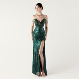 Women Beaded Sequin V Neck strap backless Formal Party fishtail evening dress