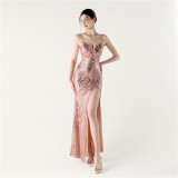 Women Sequin Sexy V-neck Cross Lace-Up Fishtail Formal Party Evening Dress