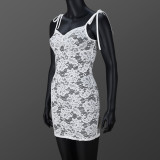 Women's See-Through slim Lace-Up Strap flower lace Bodycon dress