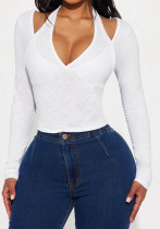 Solid color Patchwork V-neck fake two-piece top fashion slim fit long-sleeved T-shirt