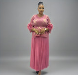 Plus Size Women Pleated Hand-Shaped Flower Irregular Shiny Print Maxi Dress