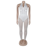 Summer Deep V-Neck Sleeveless Tight-Fitting Bodysuit Pocket Mesh Pants Set