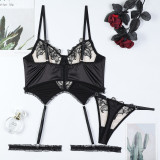 Women Embroidered Flower Satin Sexy Lingerie Two-piece Set