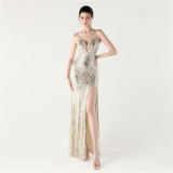 Women Sequin Sexy V-neck Cross Lace-Up Fishtail Formal Party Evening Dress