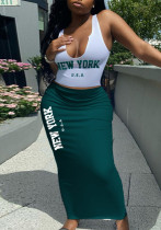 Summer printed vest long skirt 2-piece set