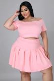 Plus Size Women Sexy Solid Short Sleeve Top and Pleated Skirt Two-piece Set