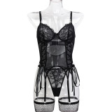 Women Lace Patchwork Lace-Up Bowknot Mesh See-Through Suspender Stockings Sexy Lingerie Two-piece Set