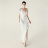 Women one-shoulder ruffled dangling beaded chain sequined Formal Party evening dress