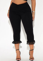 Women's Spring and Summer Ruffled V Waist Solid Color Elastic 7-point Casual Pants Women's Spring and Summer Ruffled V Waist Solid Color Elastic 7-point Casual Pants